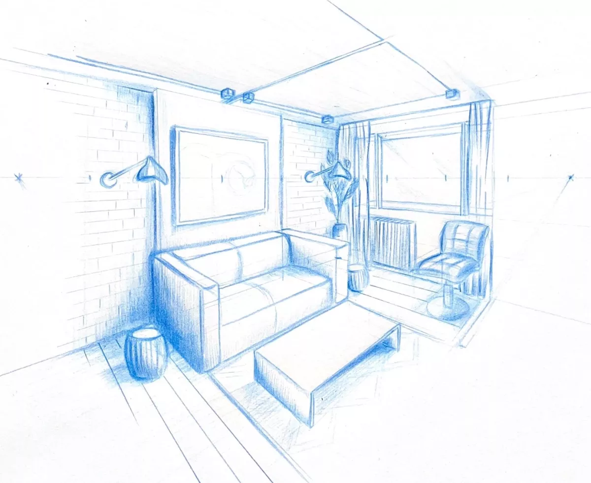 croquis de perspective visualisation d'un salon style industriel